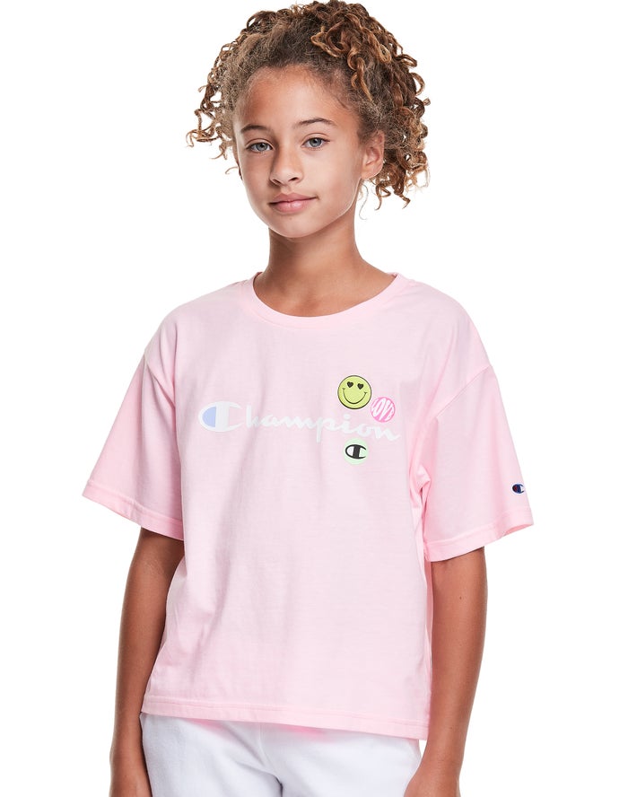 Champion T-Shirt Meisjes - Roze - Boxy Smiley Face ( 190743-LAS )